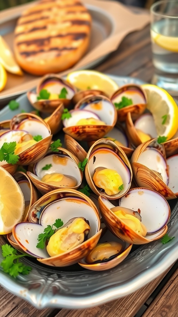 Grilled clams topped with garlic butter on a wooden platter, garnished with parsley and lemon.
